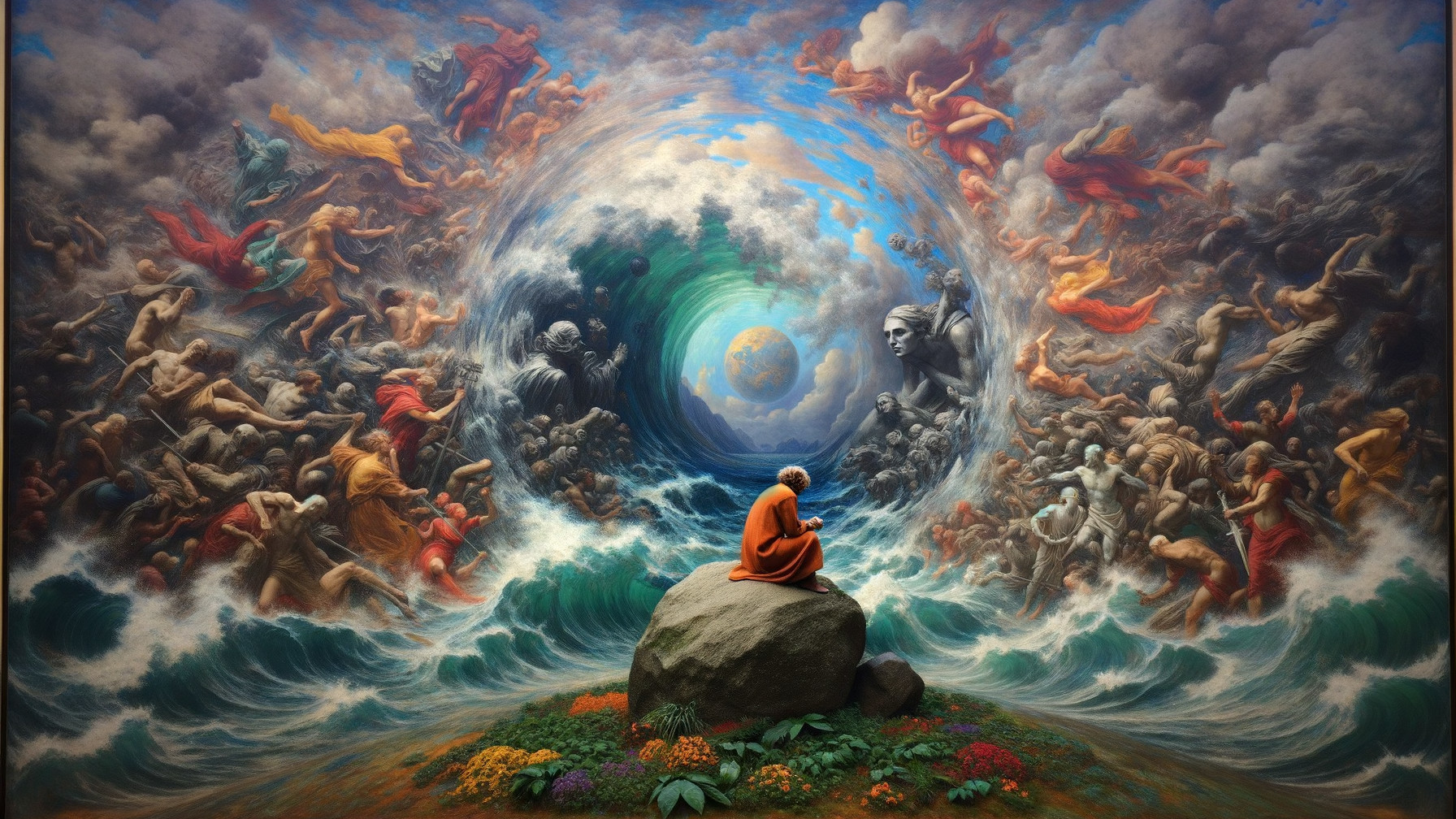 Serene Figure Amidst Chaotic Waves and Ethereal Faces