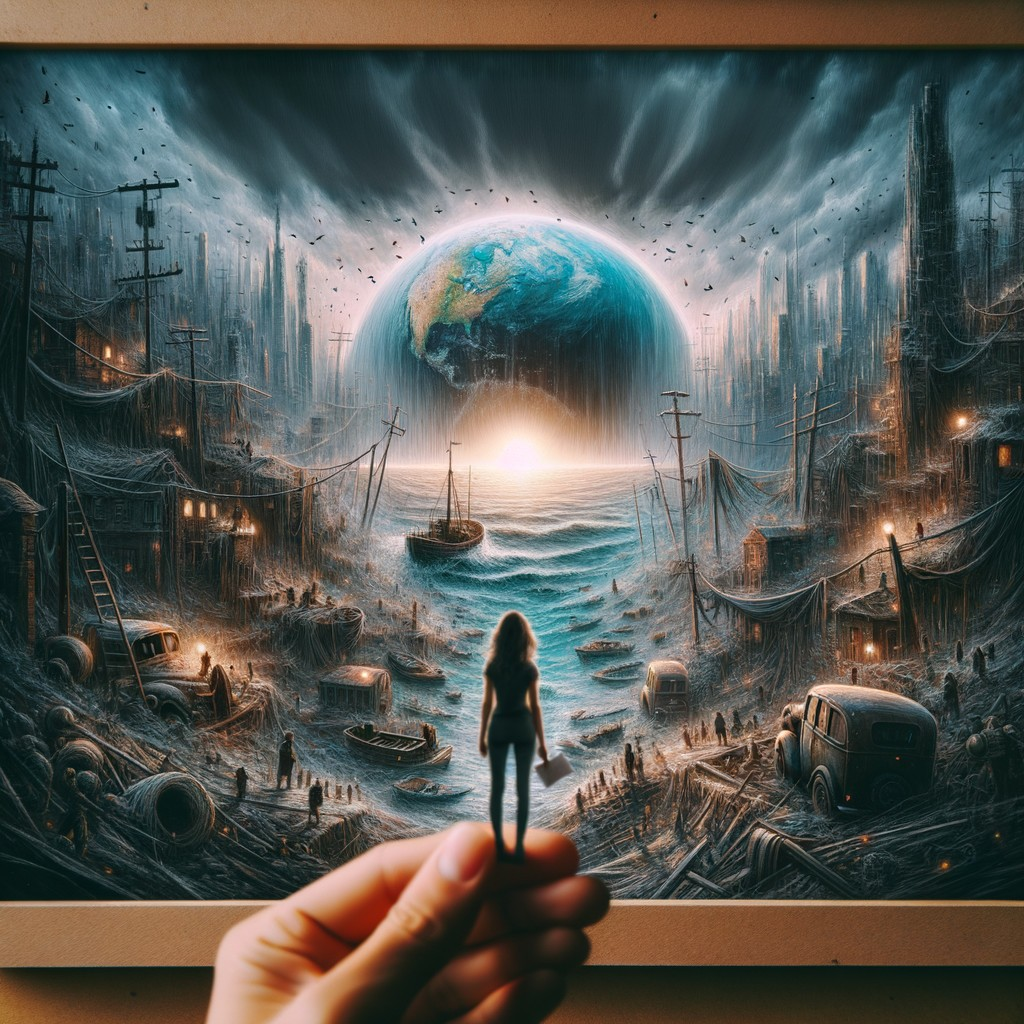 Miniature Figure Against Apocalyptic Artwork Background