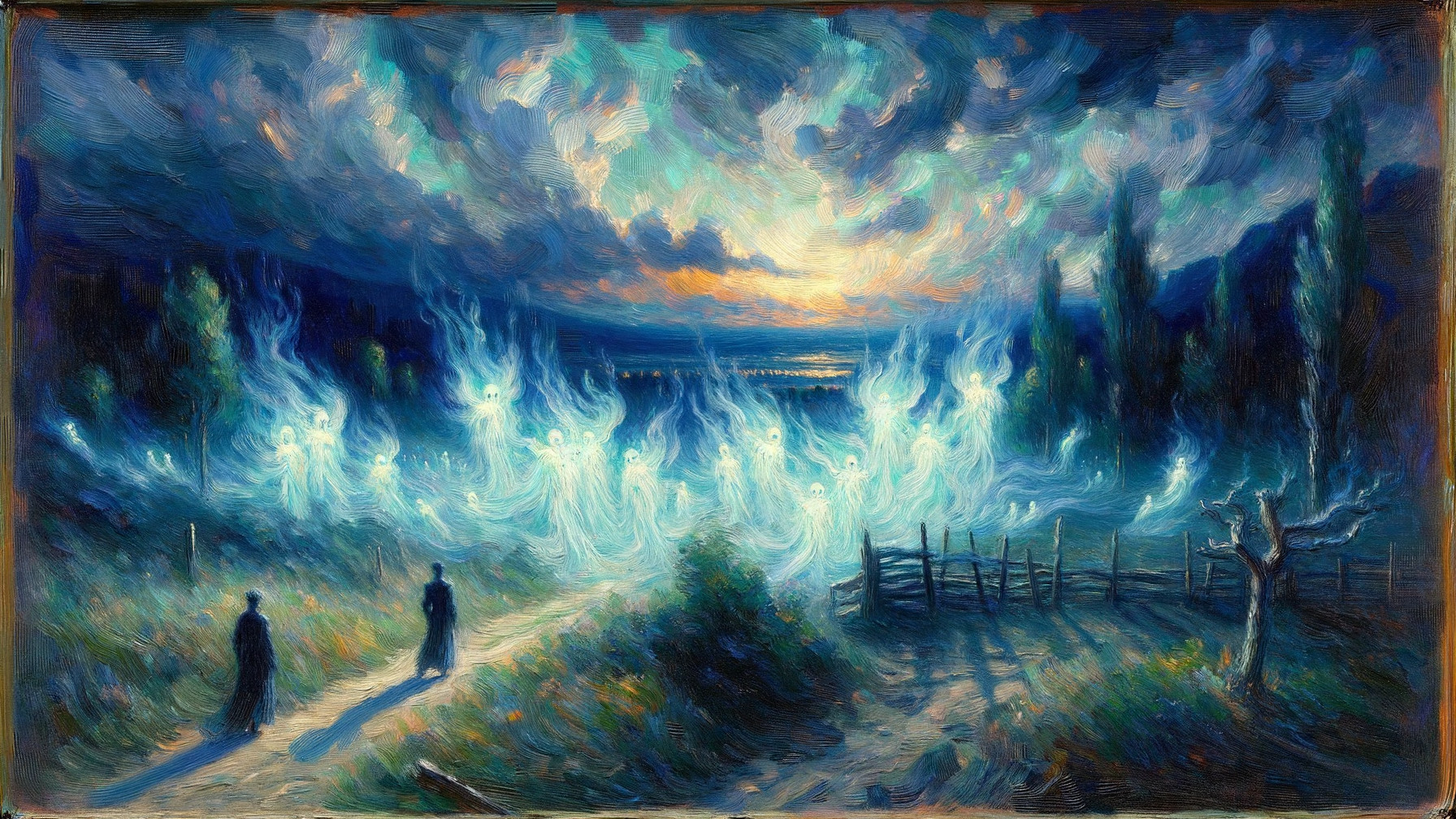 Serene Twilight Landscape with Figures and Spirits