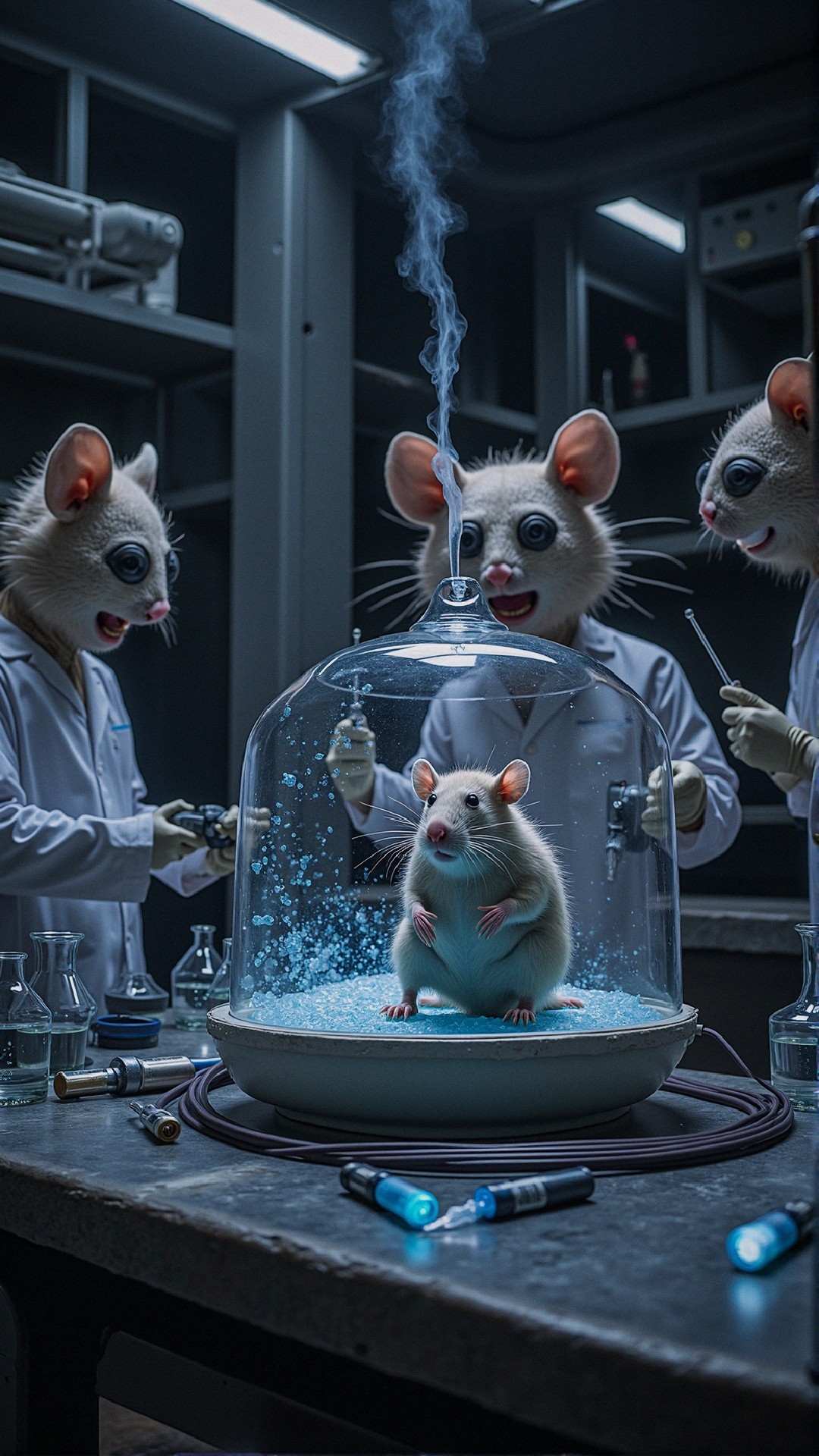 Laboratory Scene with Figures in Mouse Masks and Rat