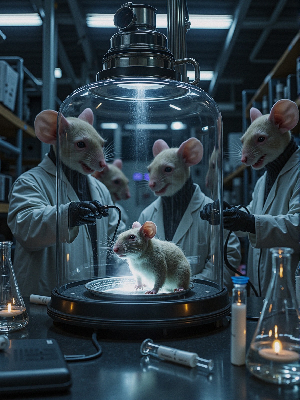 Humanoid Mice in Lab Coats Observe Mouse in Glass Dome