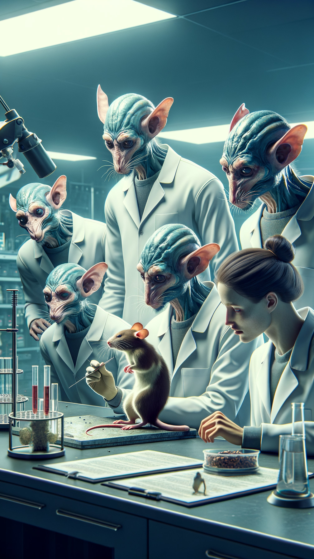 Futuristic Laboratory with Humanoid Creatures and Rat