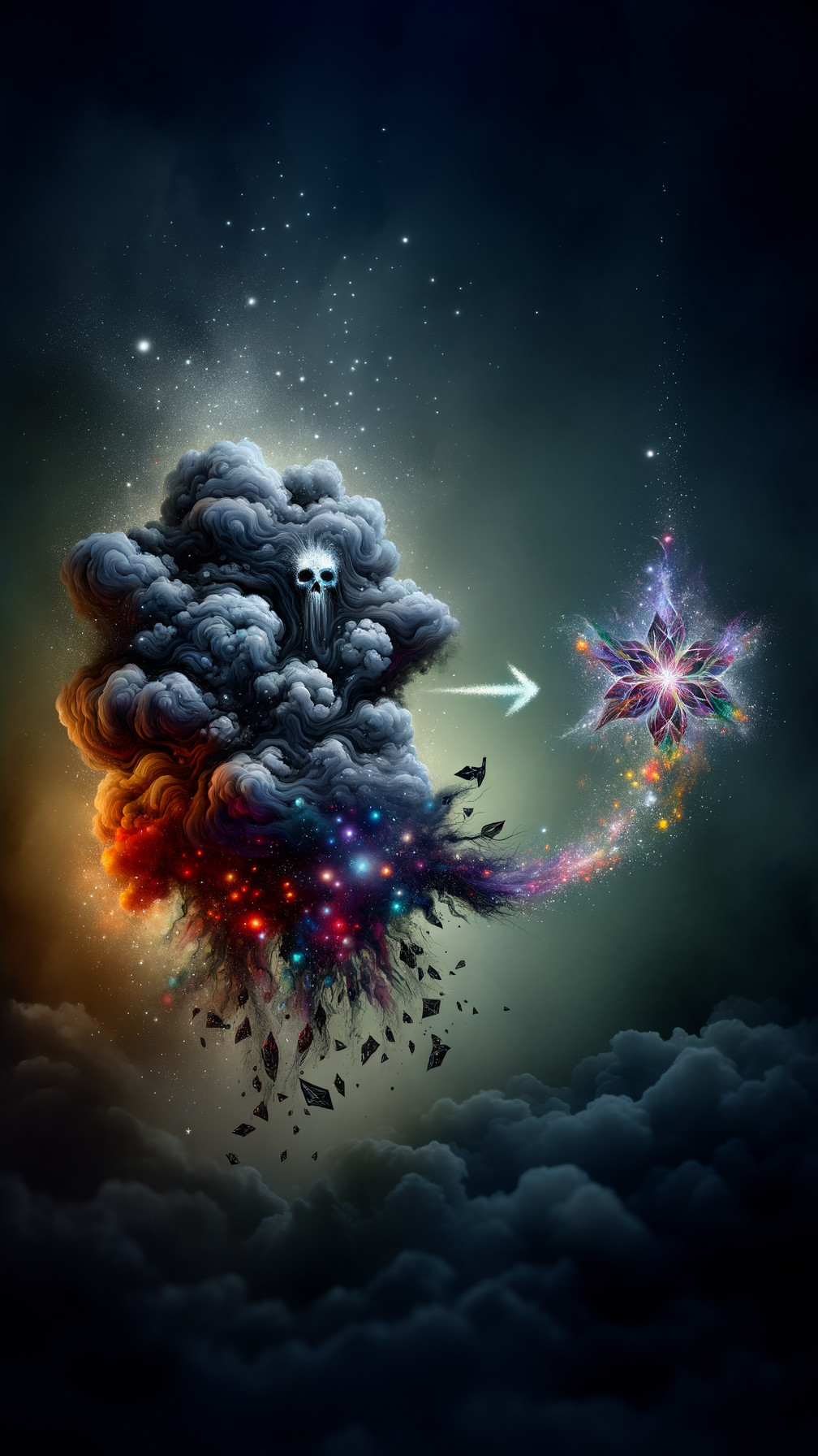 Surreal Scene of Dark Figure and Cosmic Flower