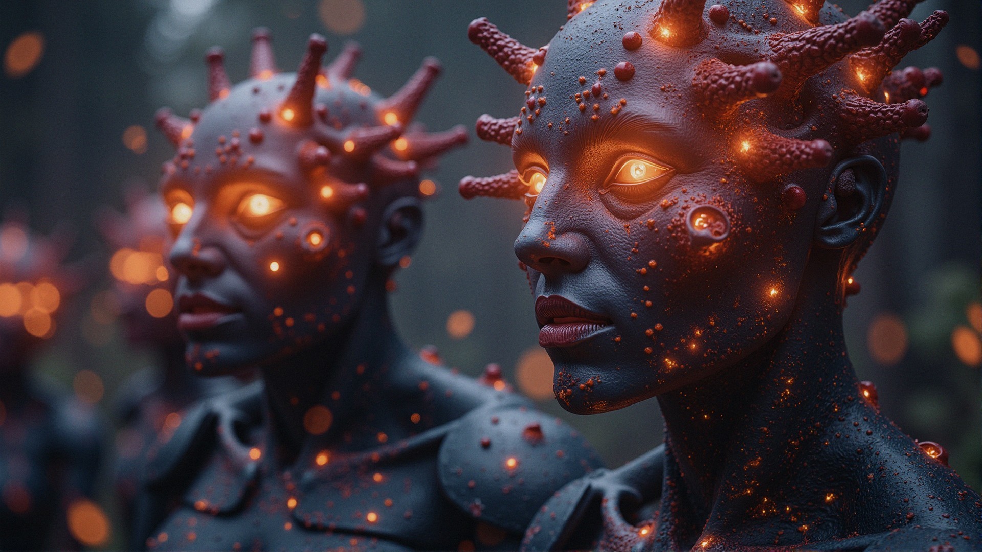 Stylized Humanoid Figures in a Mysterious Forest
