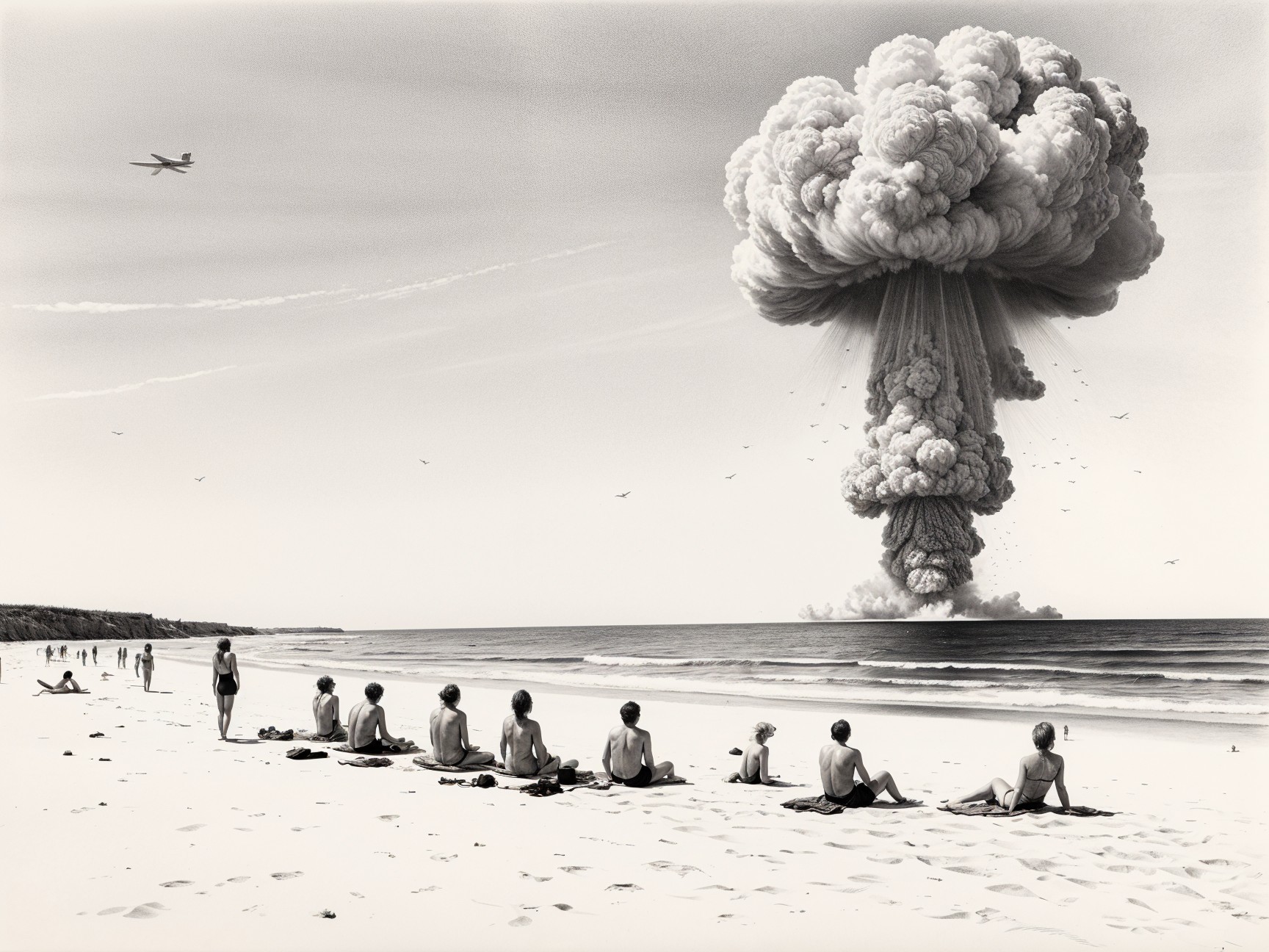 Mushroom Cloud Over Beach with Sunbathers and Airplane