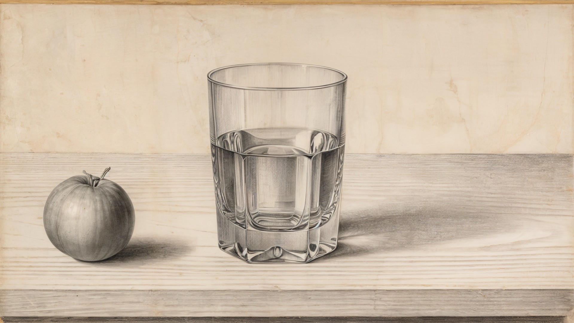 Realistic Still Life with Glass of Water and Apple