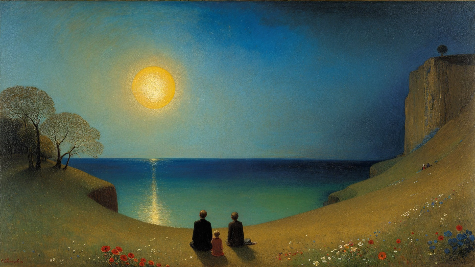 Adult and child on hillside by tranquil sea at sunset