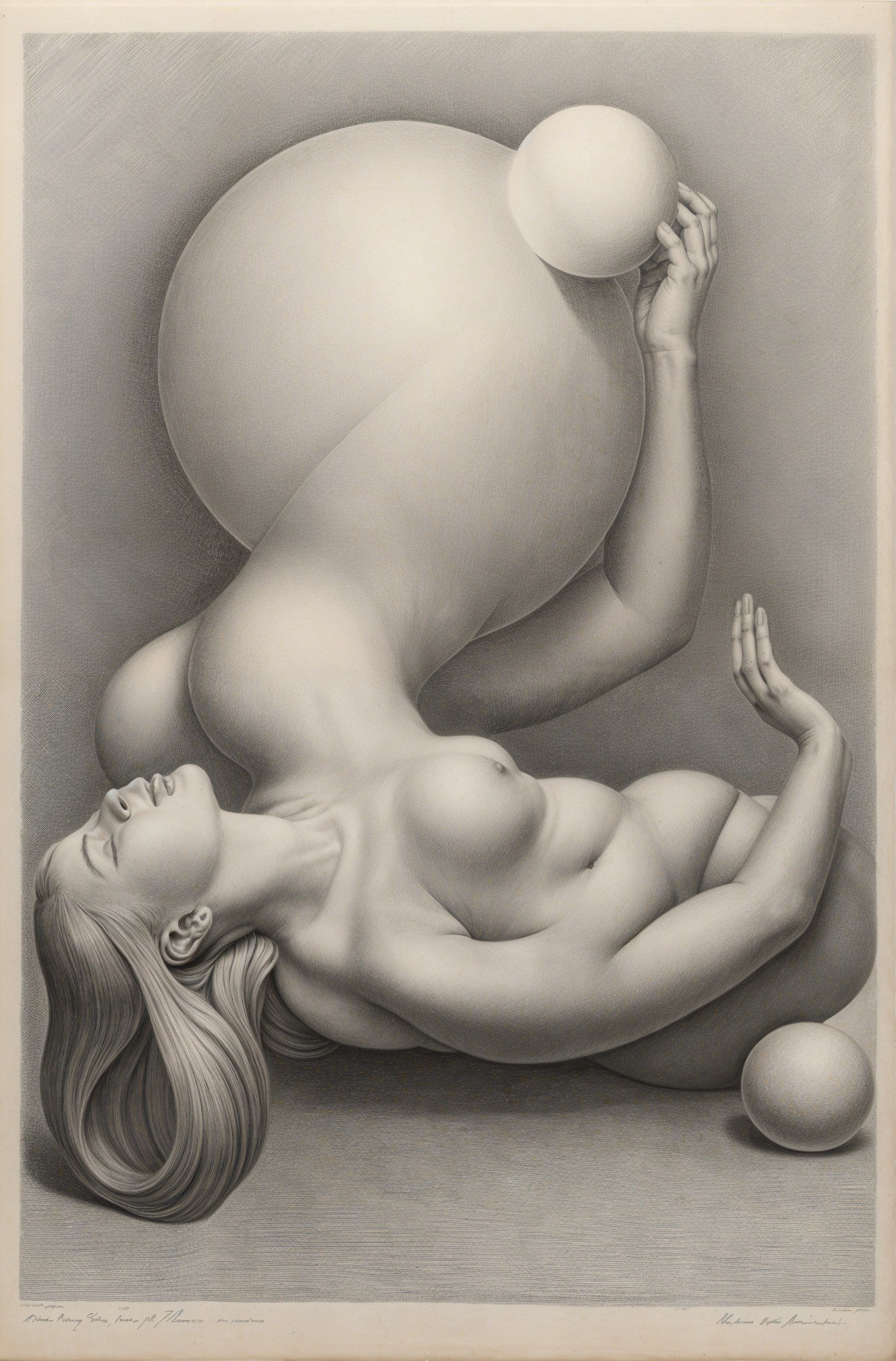 Stylized Nude Female Figure with Abstract Spheres
