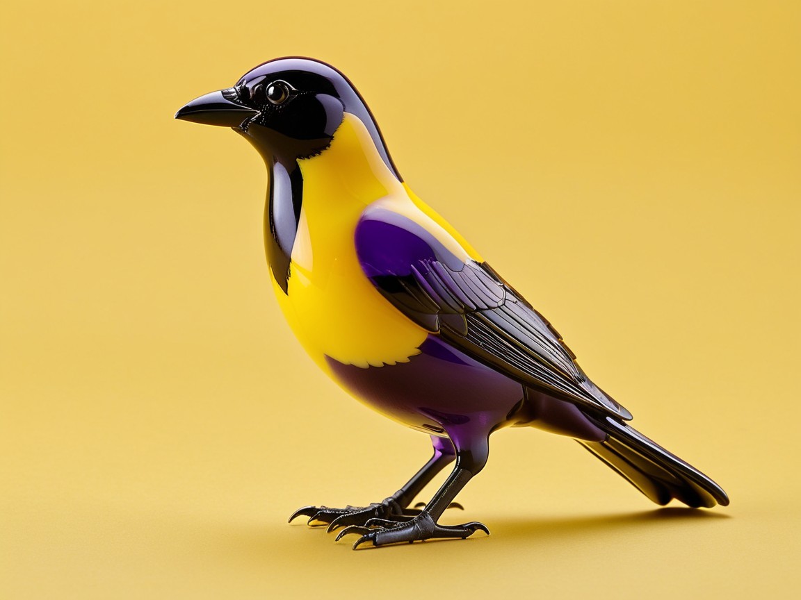 Stylized Glass Bird Sculpture in Yellow and Purple
