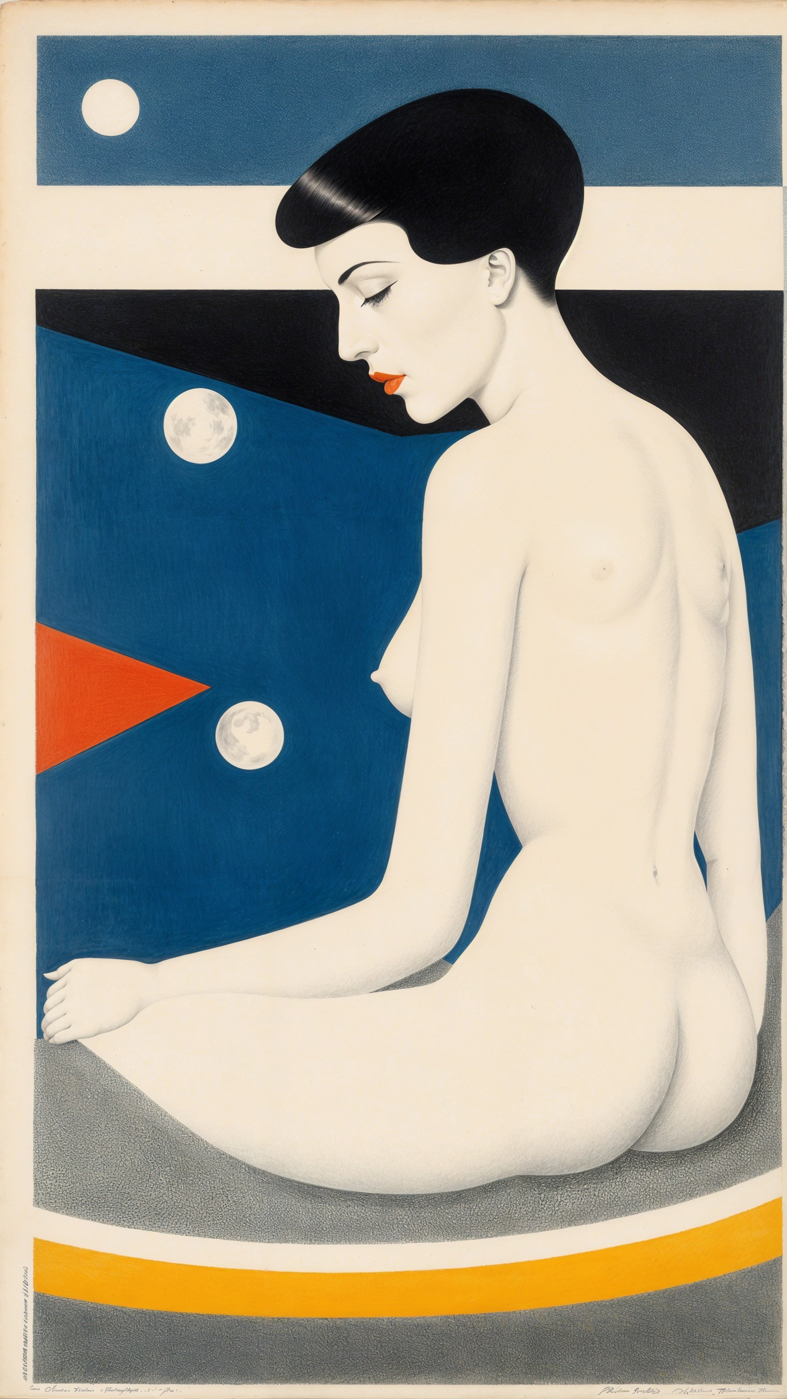 Nude Woman in Stylized Composition with Geometric Background