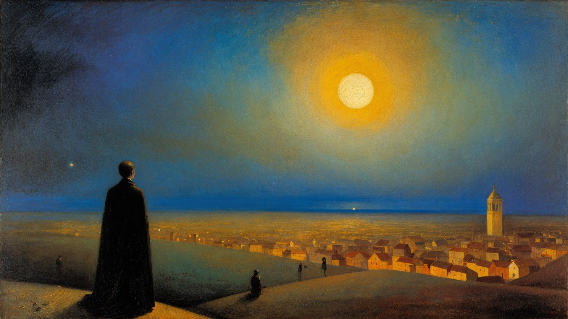 Solitary Figure on Hill Overlooking Moonlit Town