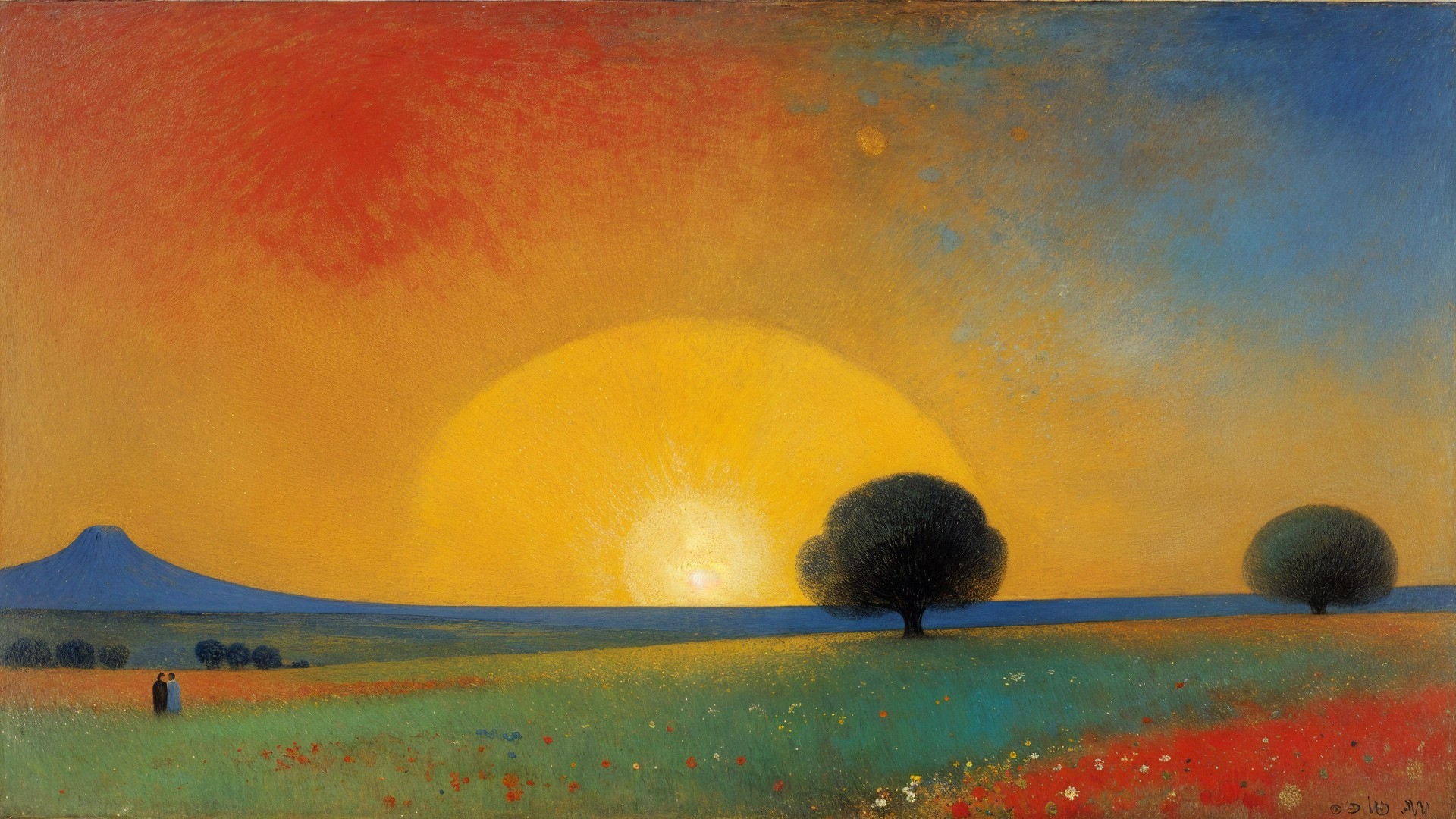 Serene landscape with wildflowers and rising sun