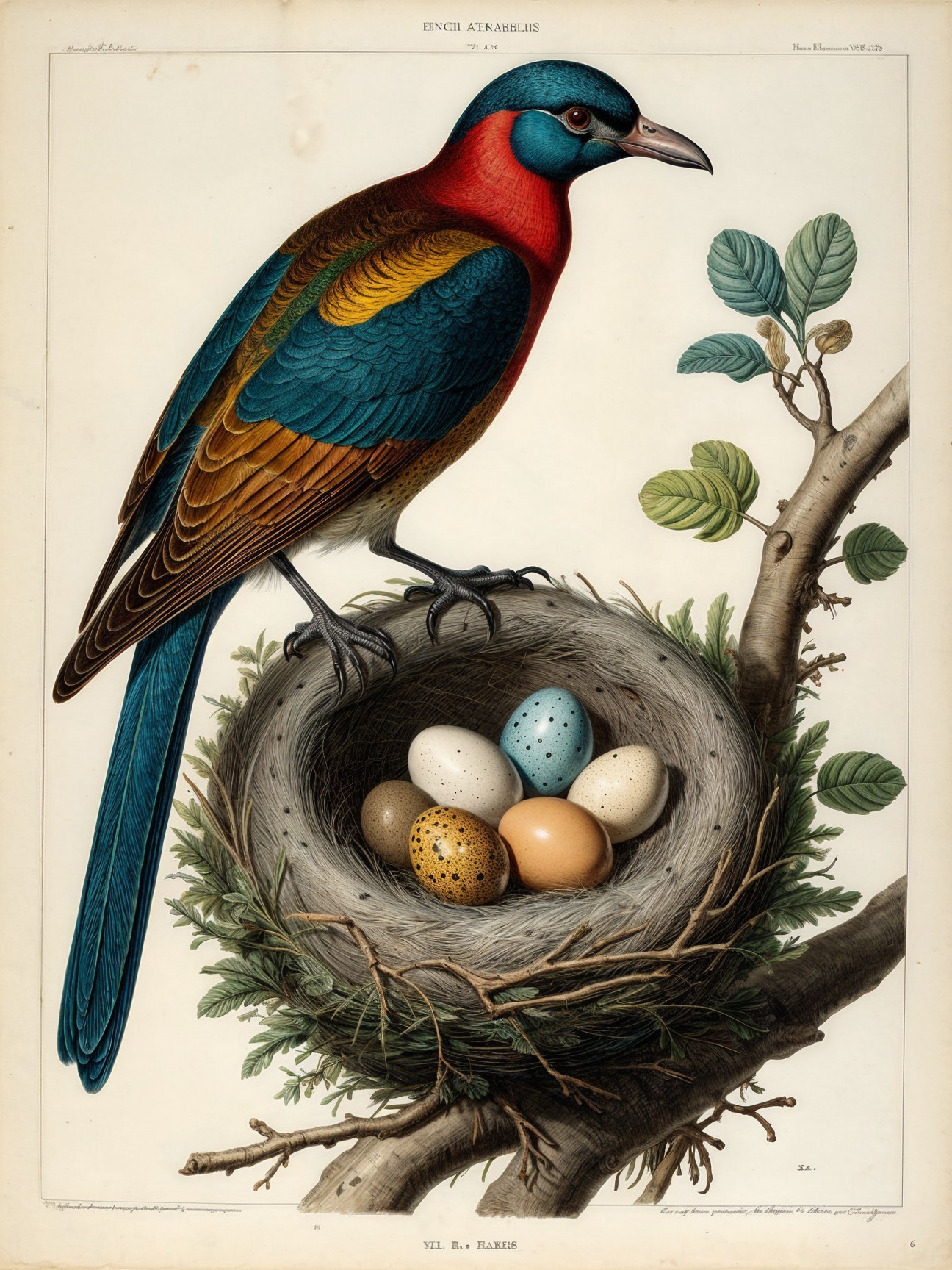 Vibrant Bird with Nest and Speckled Eggs Illustration