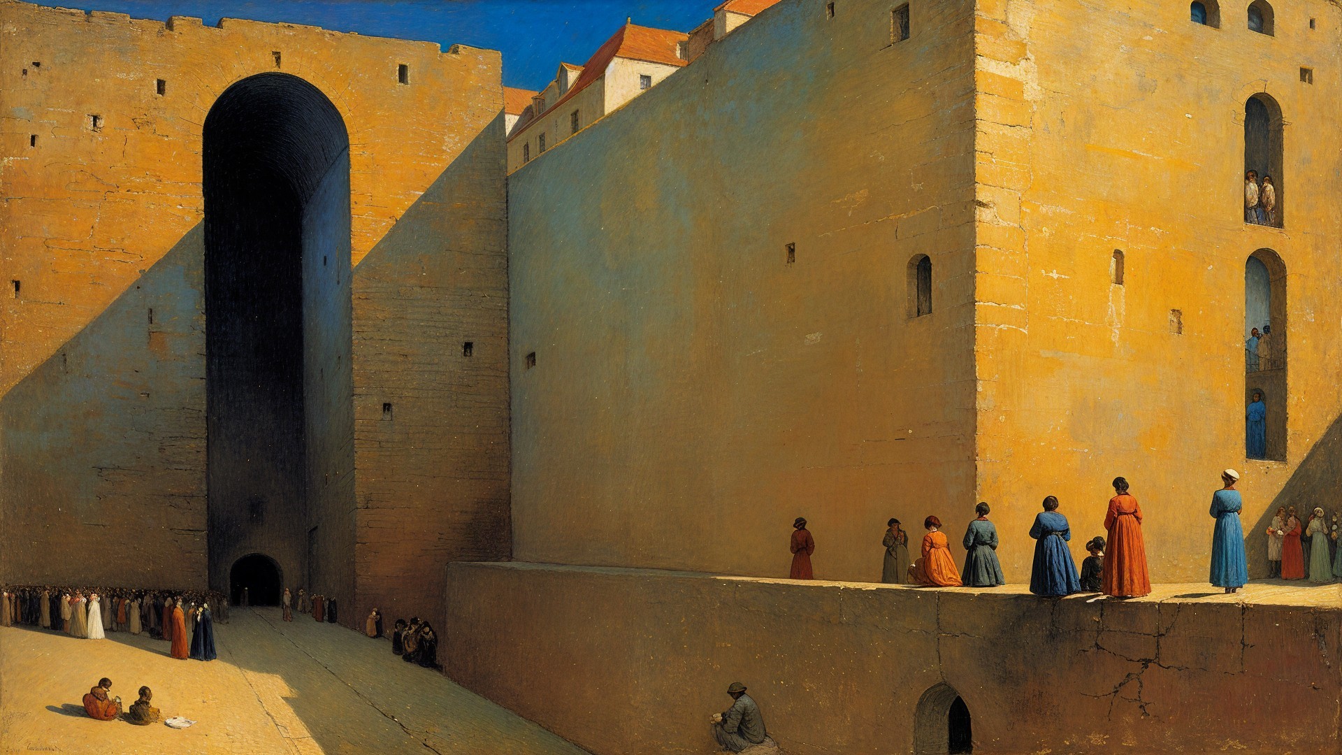 Sunlit Fortress with Colorful Figures and Shadows