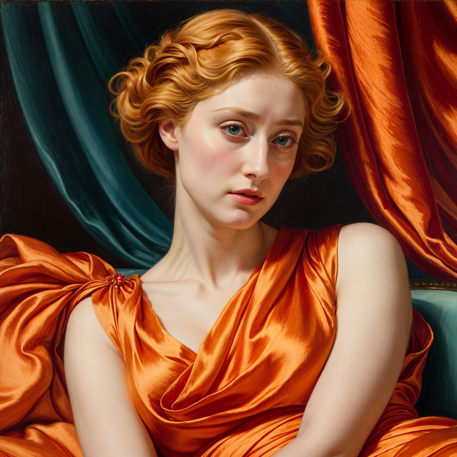 Young woman with red hair in elegant curls and dress