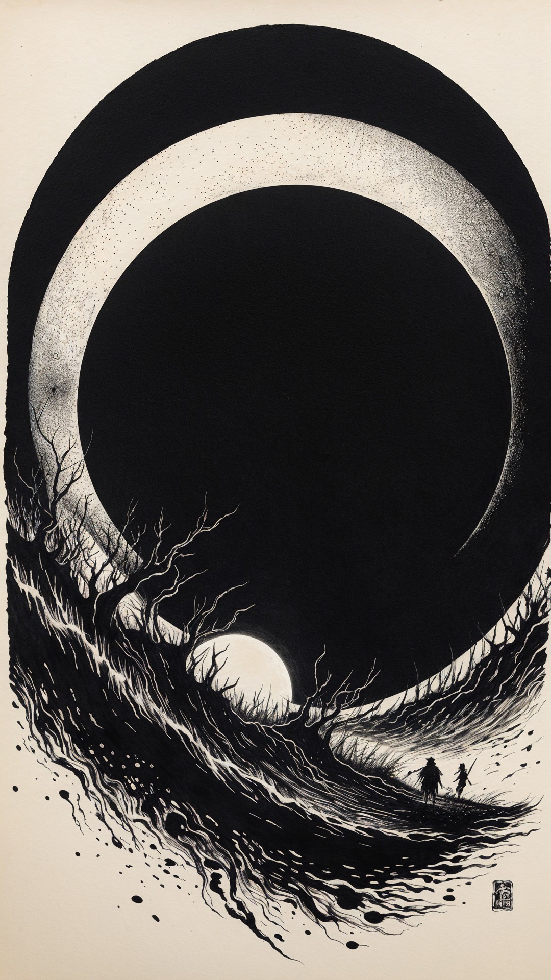 Surreal Black-and-White Landscape with Moons and Figures