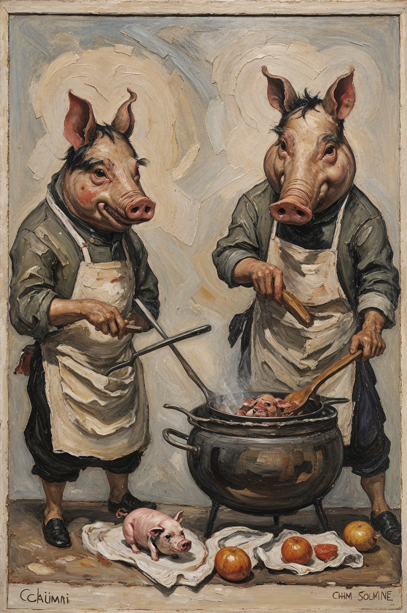 Anthropomorphic pigs cooking in a whimsical scene