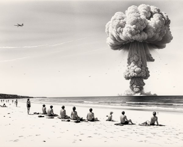 Mushroom Cloud Over Beach with Sunbathers and Airplane