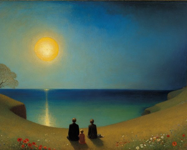 Adult and child on hillside by tranquil sea at sunset