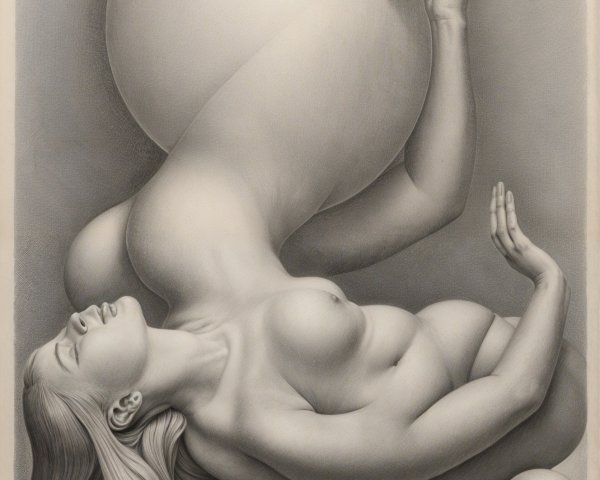 Stylized Nude Female Figure with Abstract Spheres