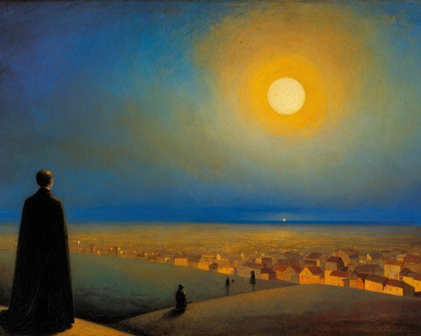Solitary Figure on Hill Overlooking Moonlit Town