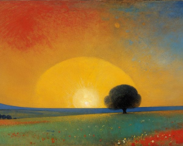 Serene landscape with wildflowers and rising sun