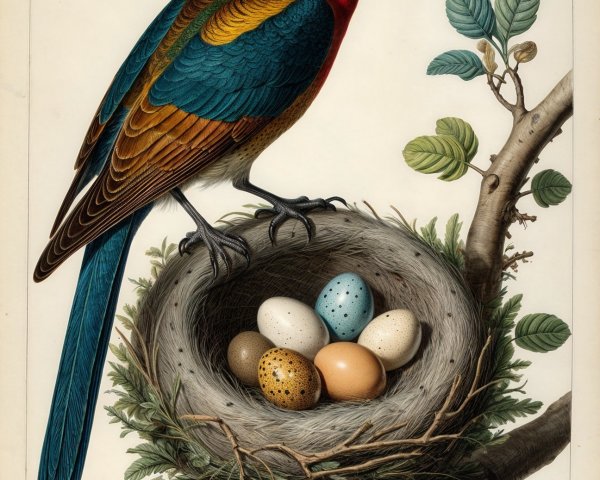 Vibrant Bird with Nest and Speckled Eggs Illustration