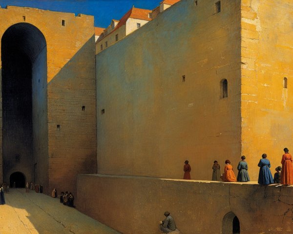 Sunlit Fortress with Colorful Figures and Shadows
