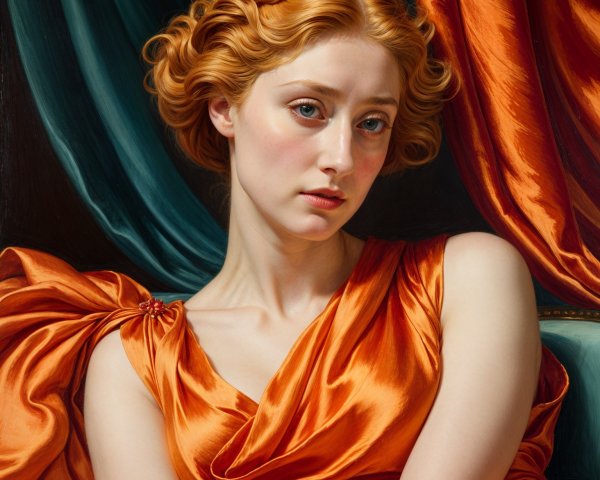 Young woman with red hair in elegant curls and dress