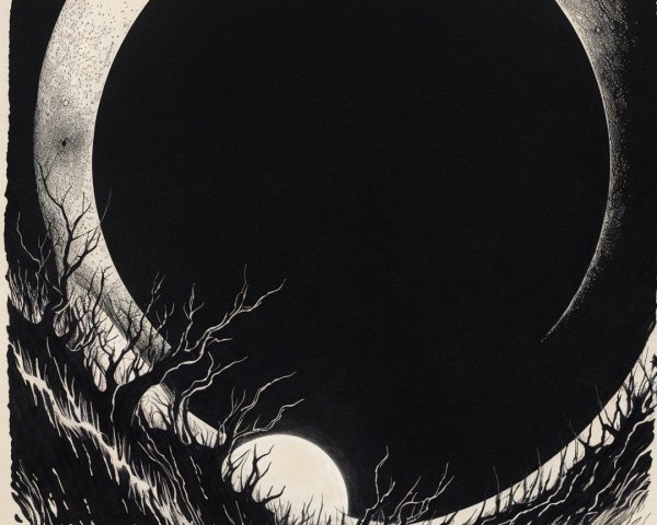 Surreal Black-and-White Landscape with Moons and Figures