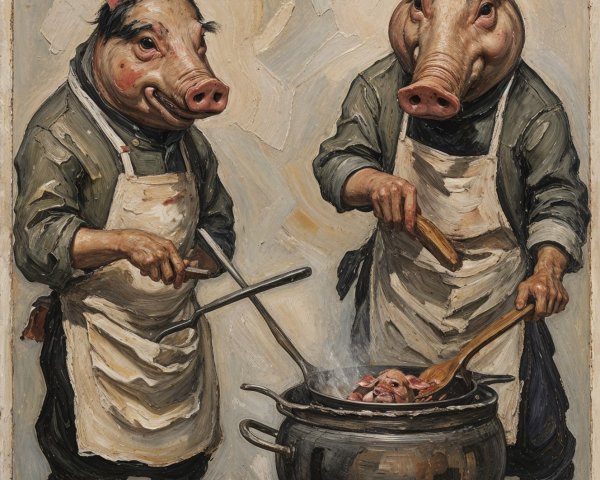 Anthropomorphic pigs cooking in a whimsical scene
