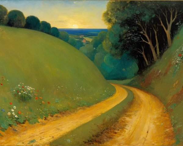 Winding Dirt Path Through Lush Green Hills at Sunset