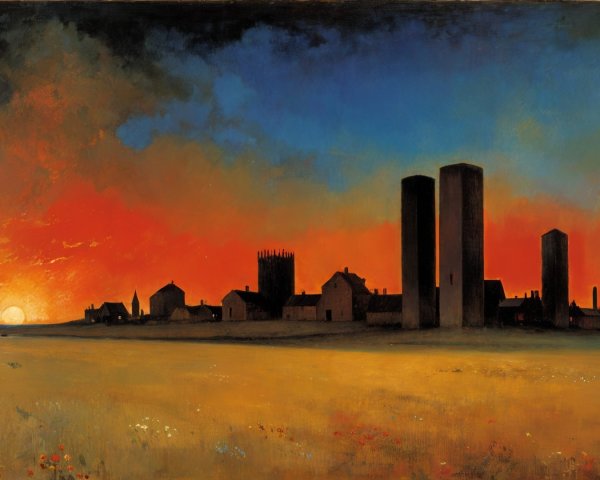Dramatic Sunset Over Rural Landscape with Village Silhouette
