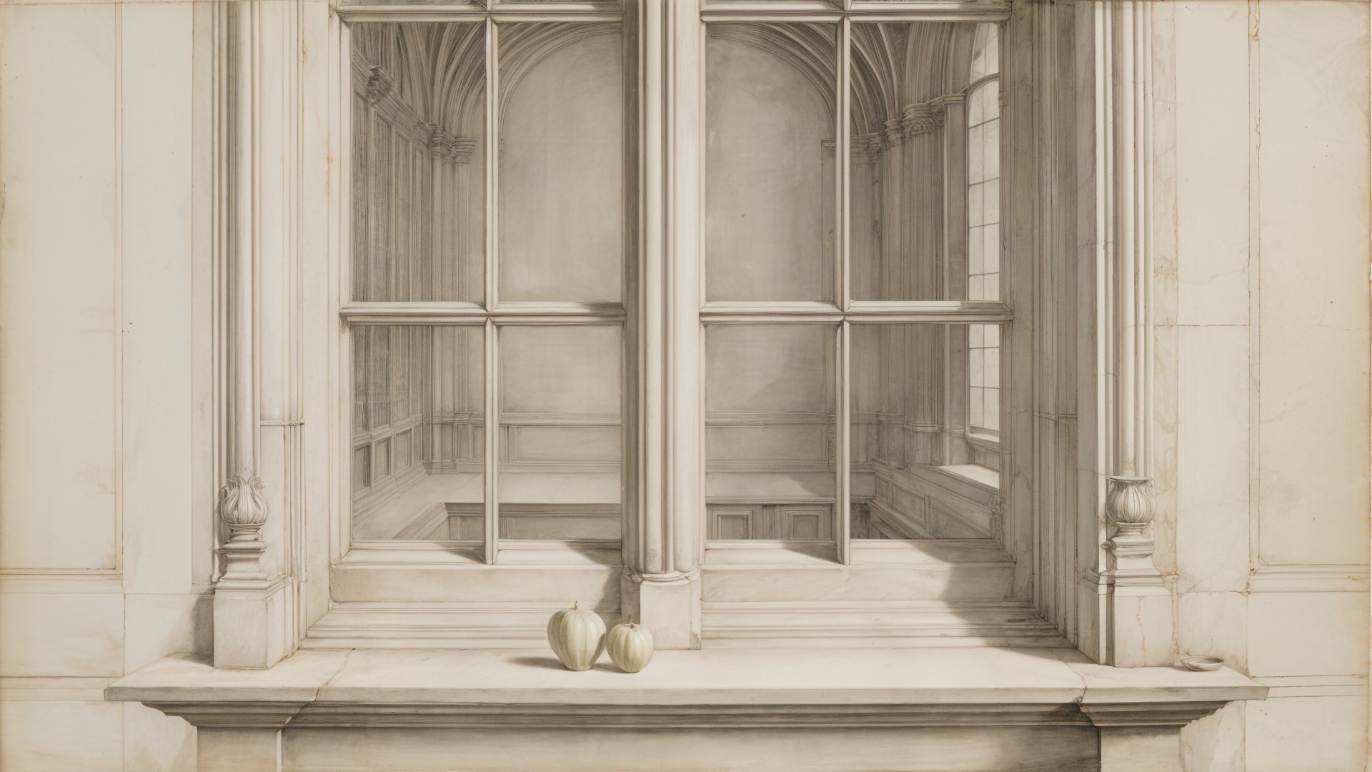 Serene Interior with Arched Window and Apples