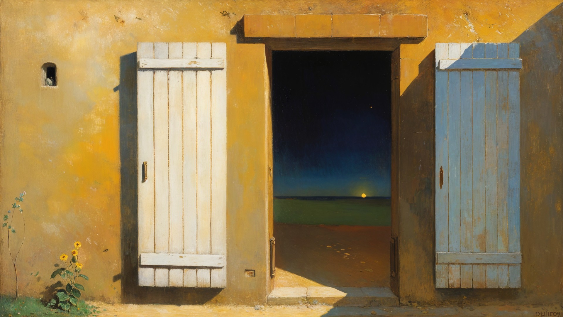 Rustic Yellow Doorway with Twilight Landscape and Sunflower