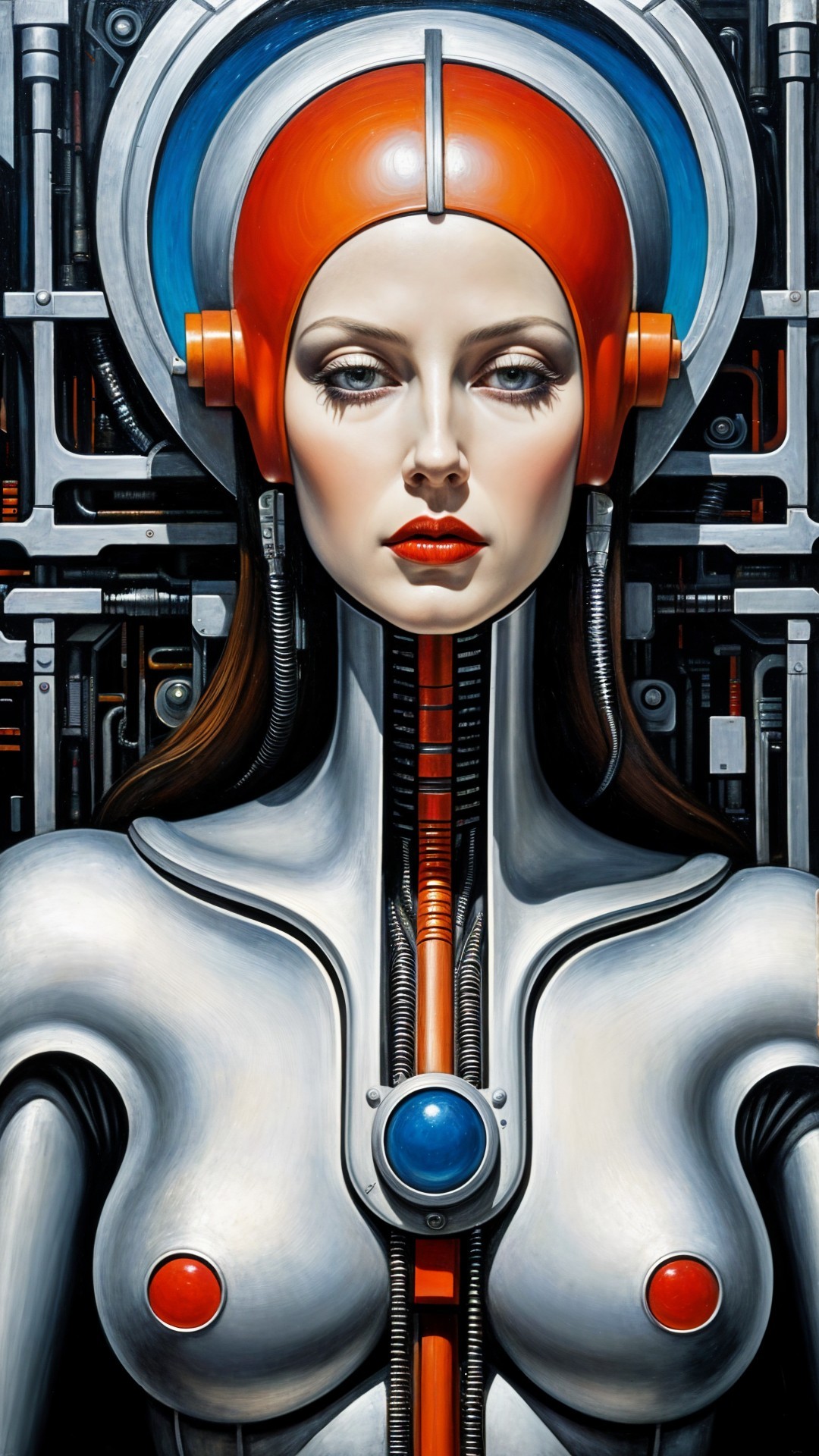 Futuristic Android Woman with Machinery Backdrop