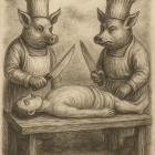Anthropomorphic pigs cooking in a whimsical scene