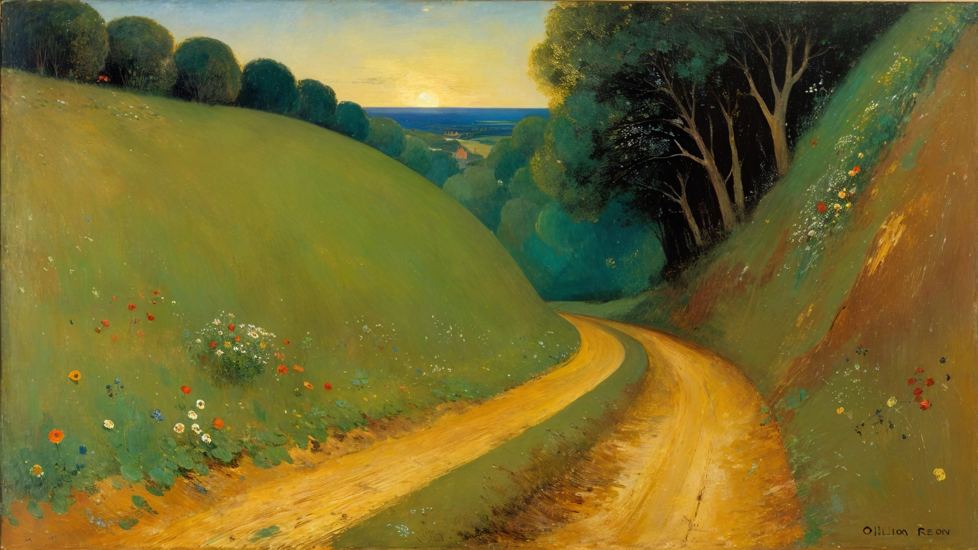 Winding Dirt Path Through Lush Green Hills at Sunset