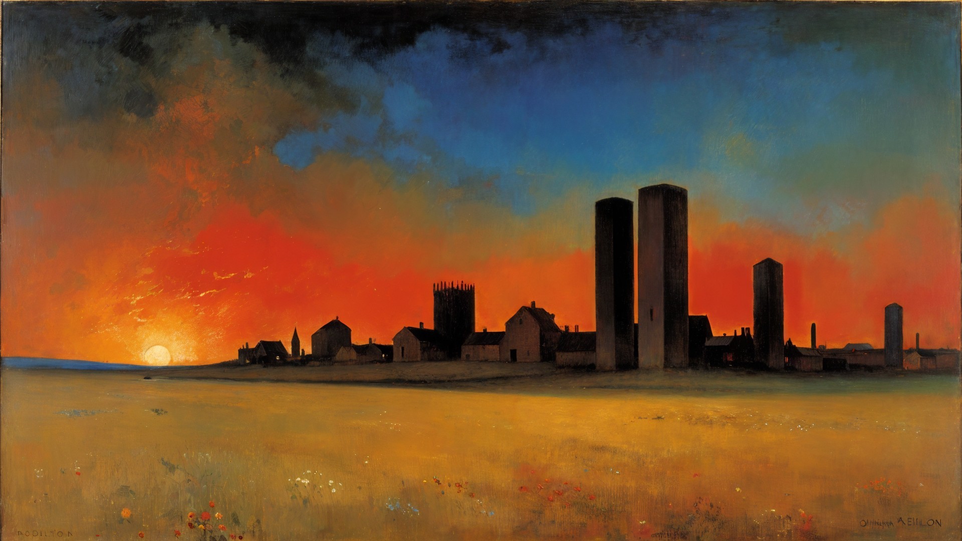 Dramatic Sunset Over Rural Landscape with Village Silhouette