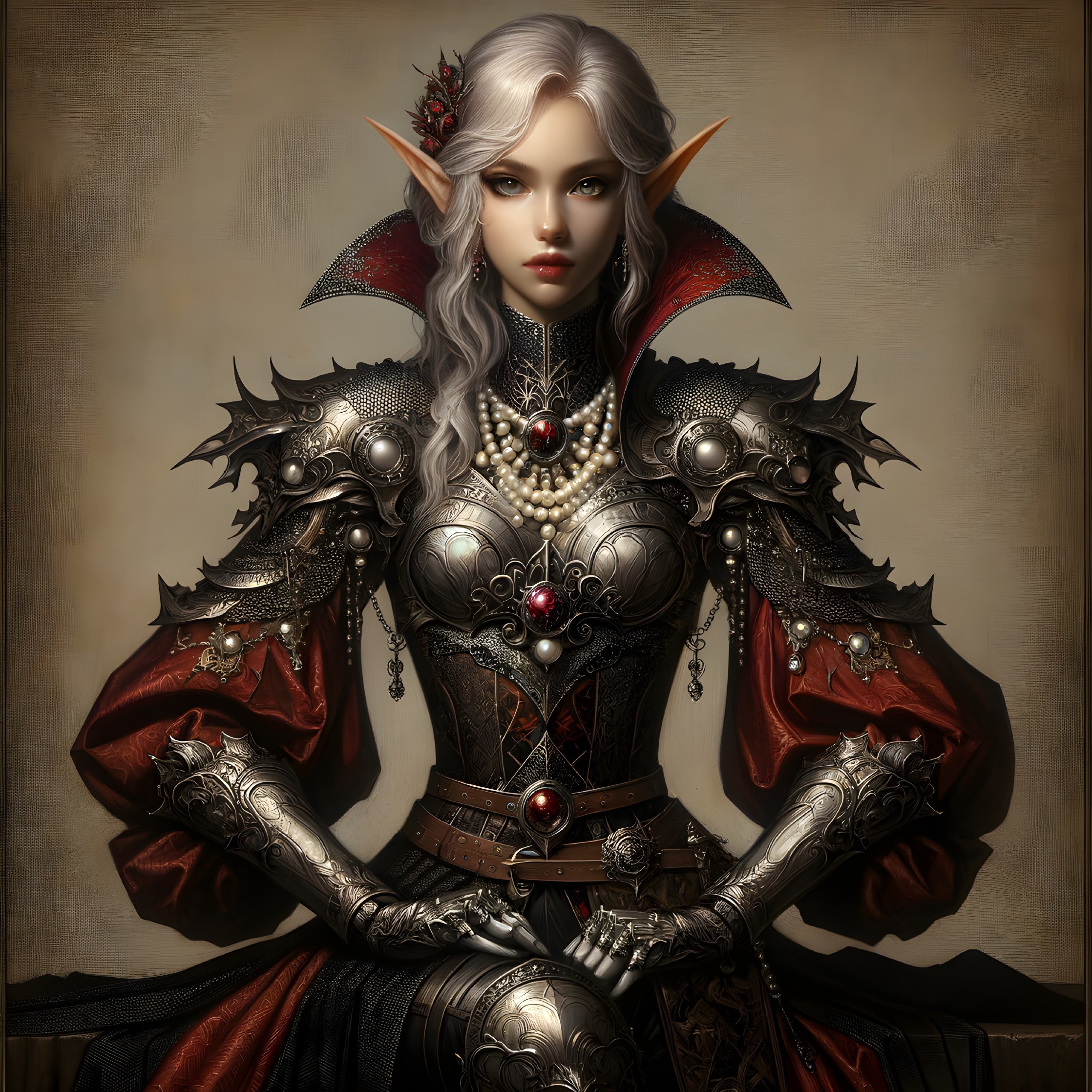 Fantasy female elf in silver and black armor with red gem accents.