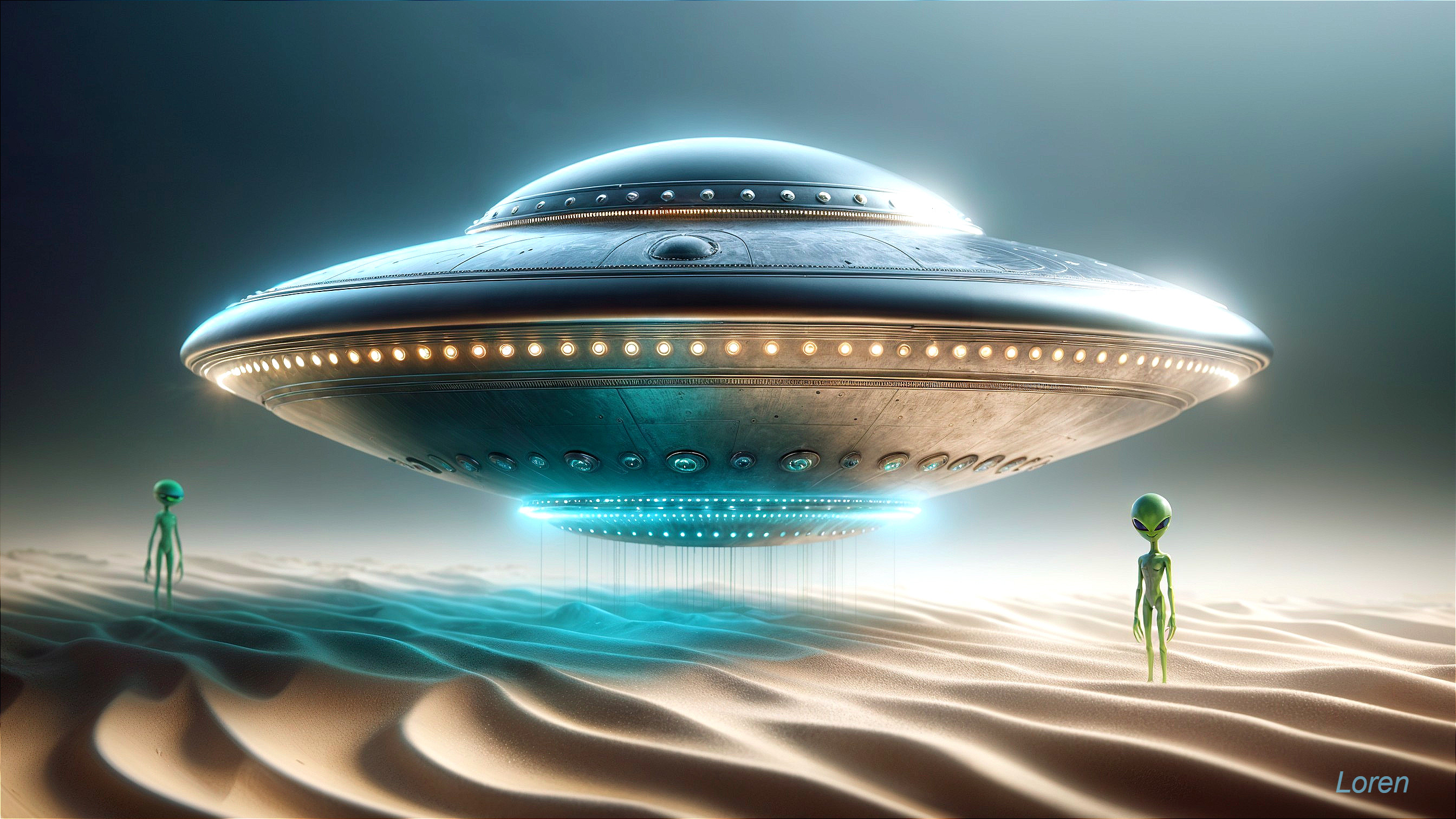 Futuristic UFO hovers over sandy landscape with aliens