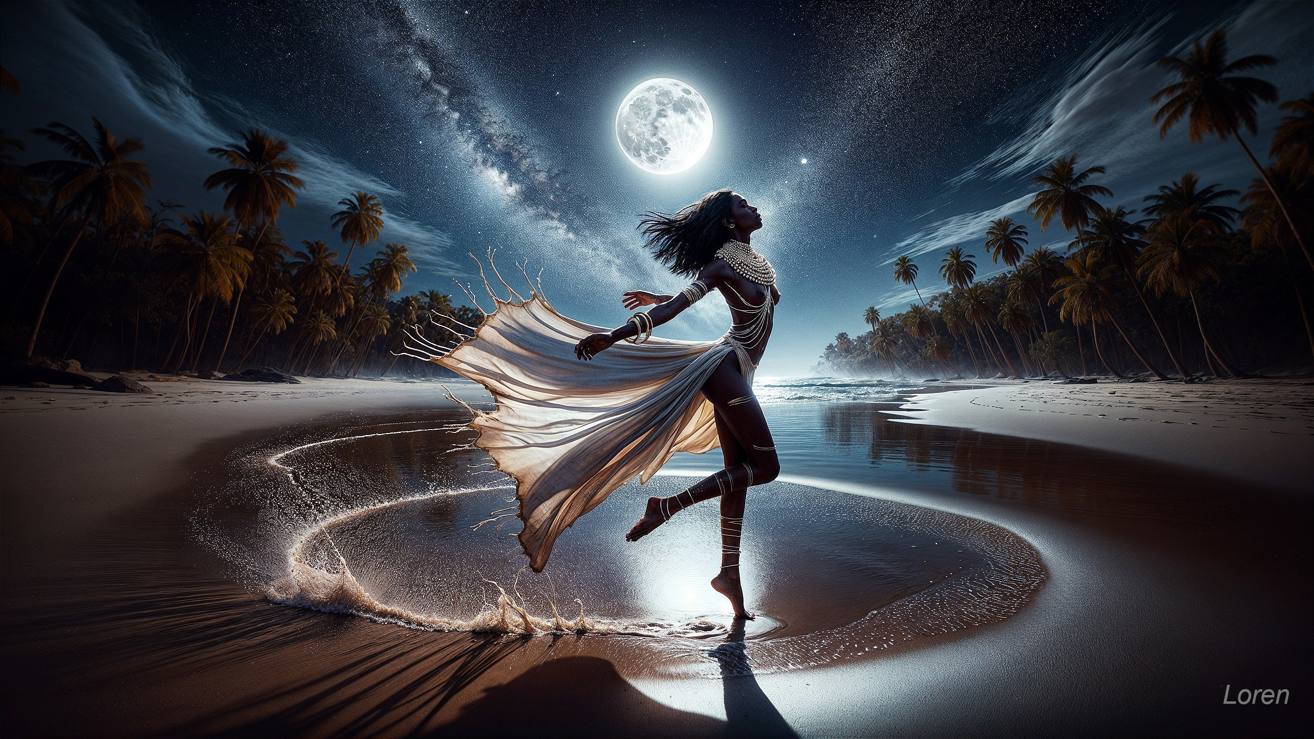 Dancer in Flowing Fabric on Moonlit Beach Scene