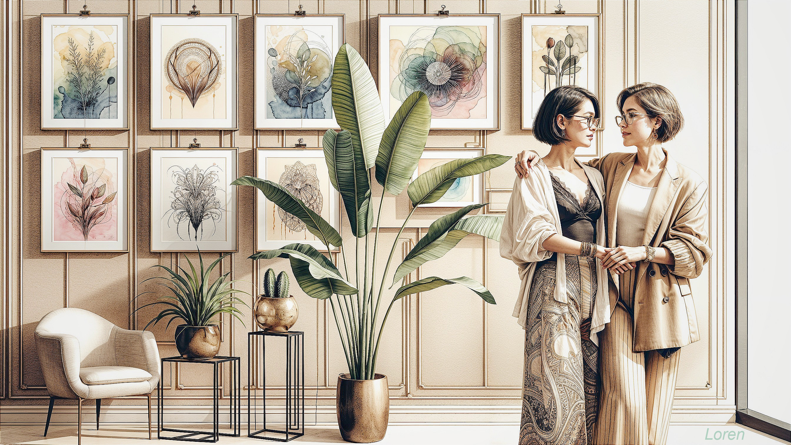Stylish Interior with Women, Watercolor Art, and Decor