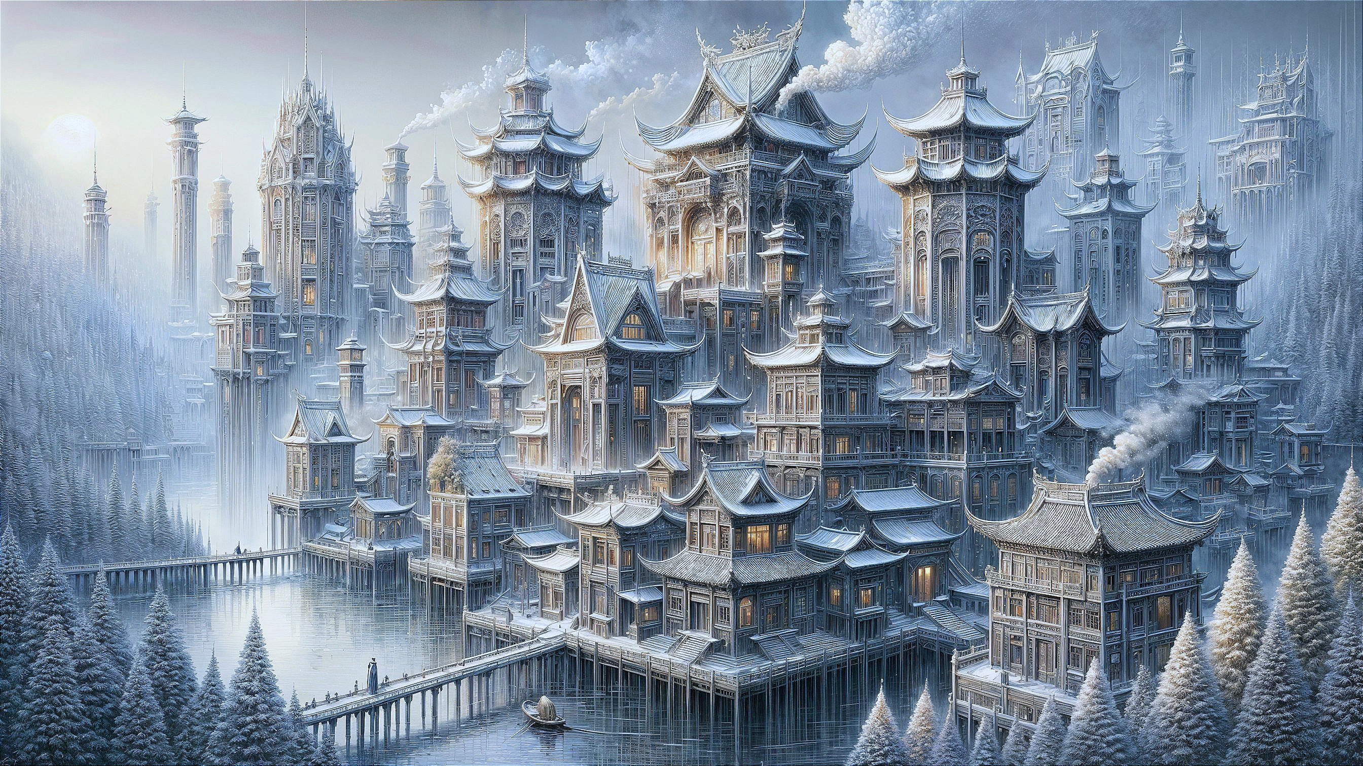Ornate Winter Landscape with Asian-Inspired Architecture
