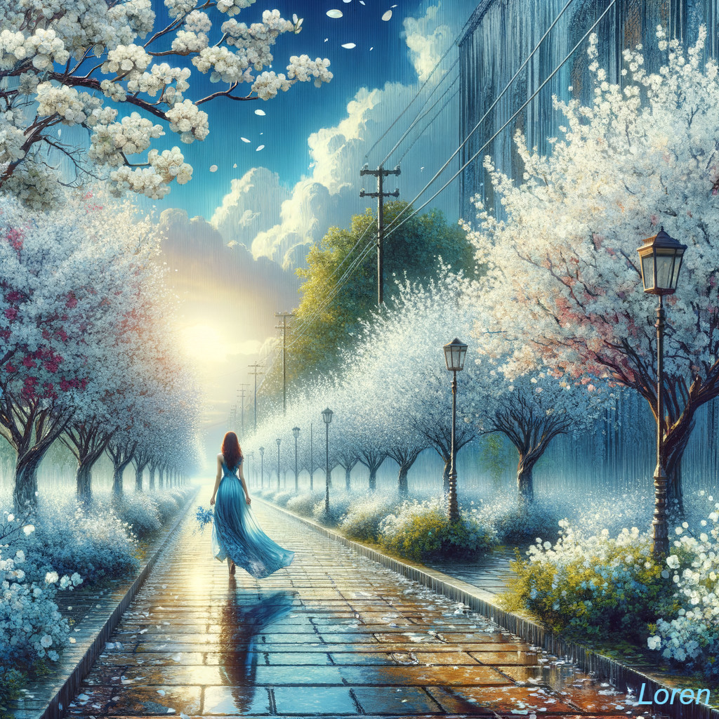 Woman in Blue Dress Walking Through Blossoming Avenue