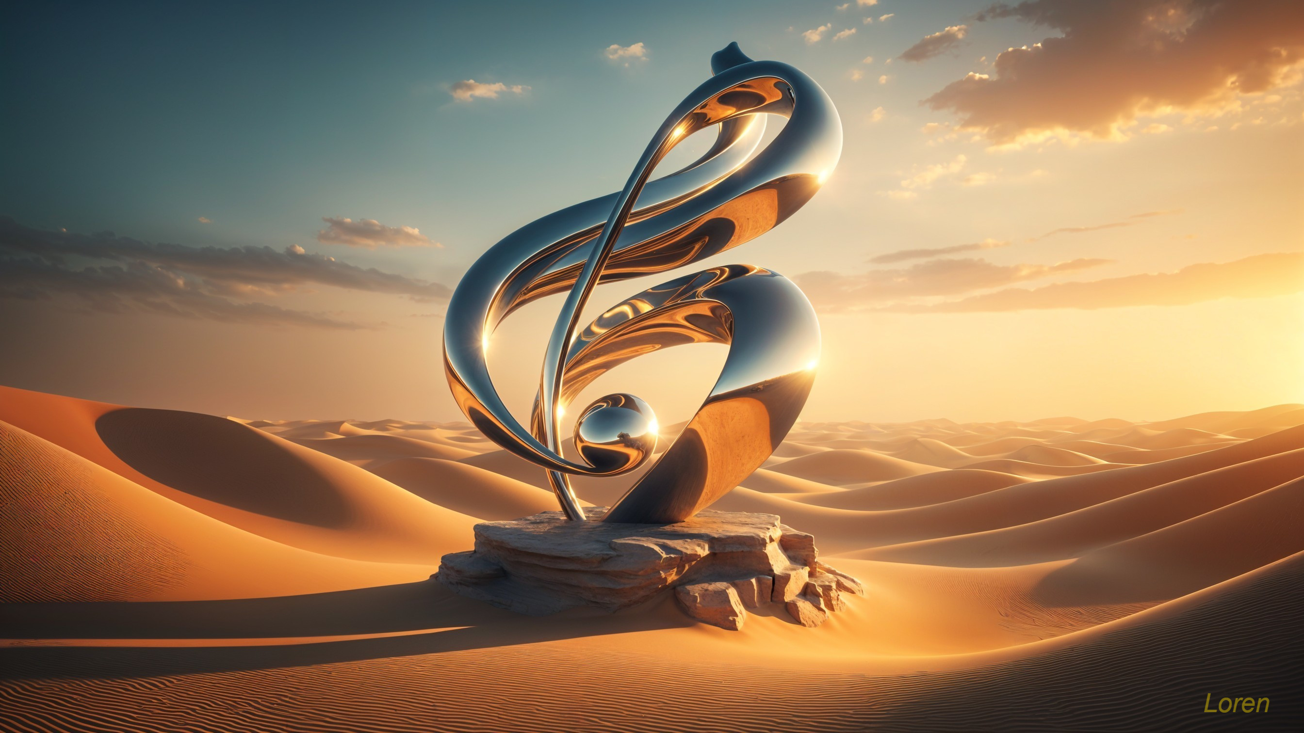Metallic Treble Clef Sculpture in Desert Landscape