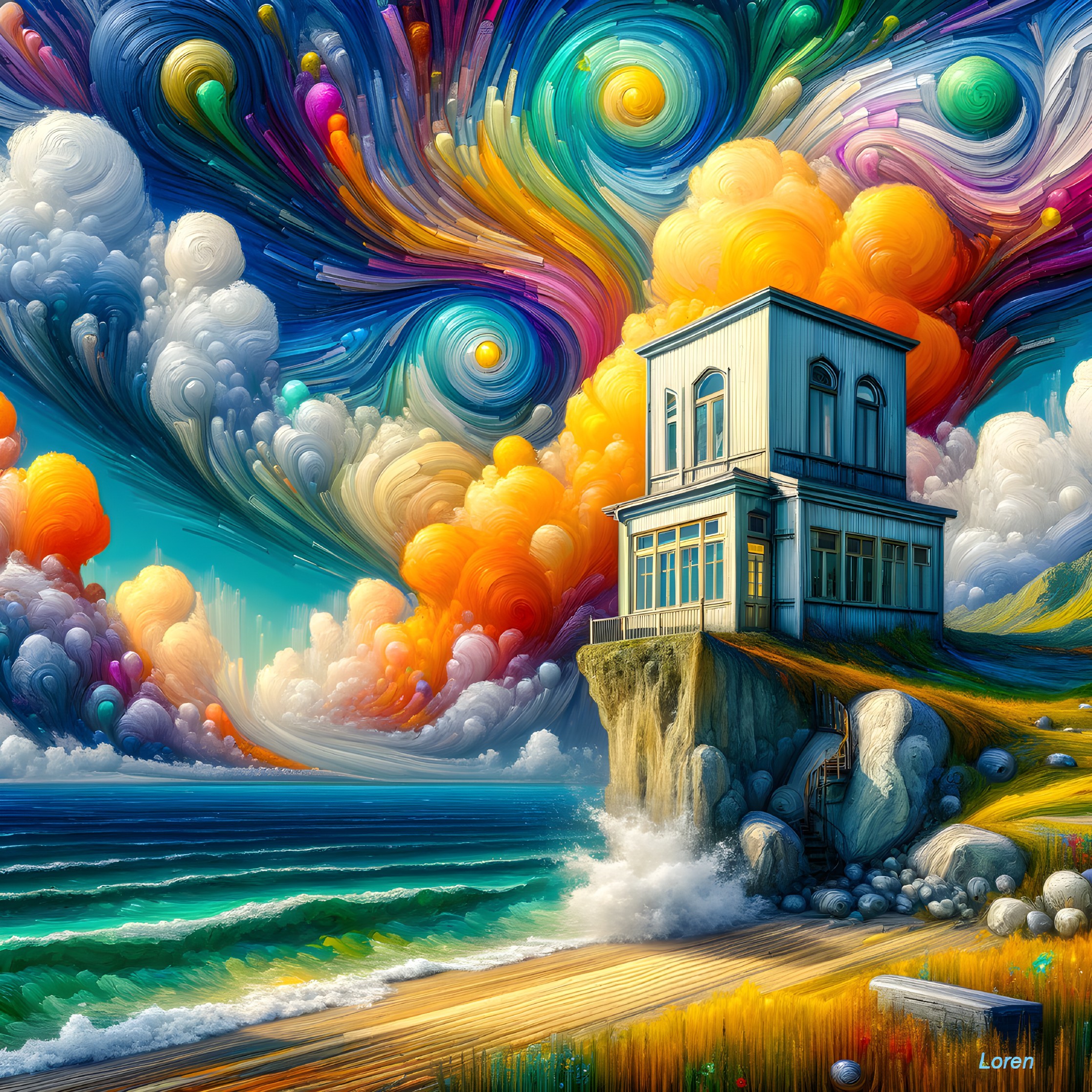 Whimsical Seaside Scene with Colorful Sky and House