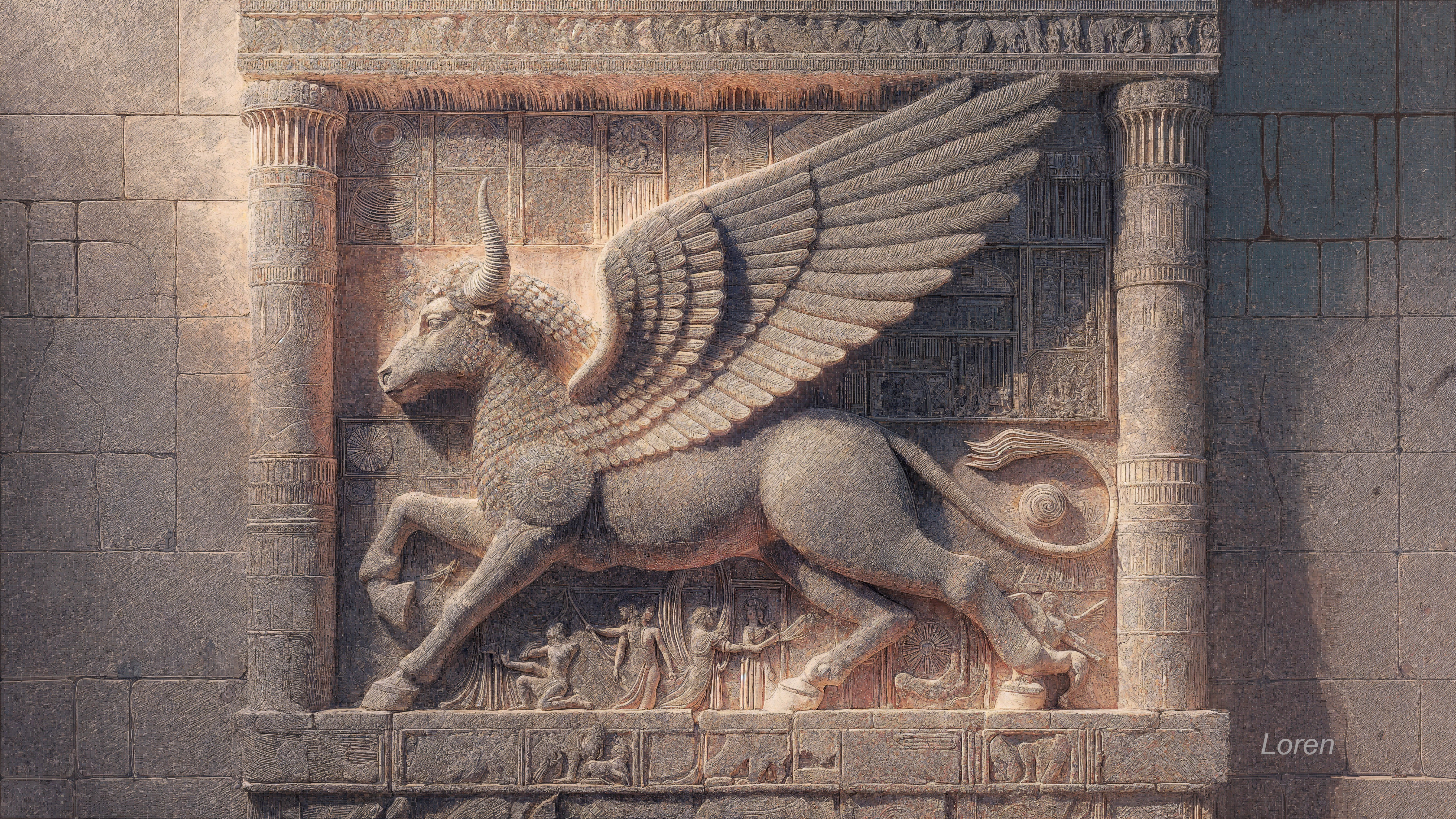 Intricately Carved Stone Relief of a Winged Bull