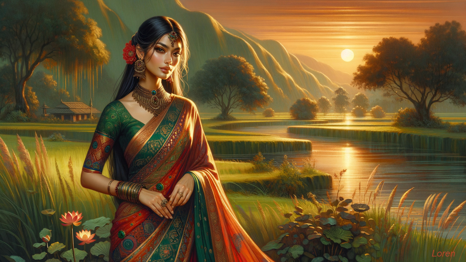 Traditional Saree Woman by Serene River at Sunset