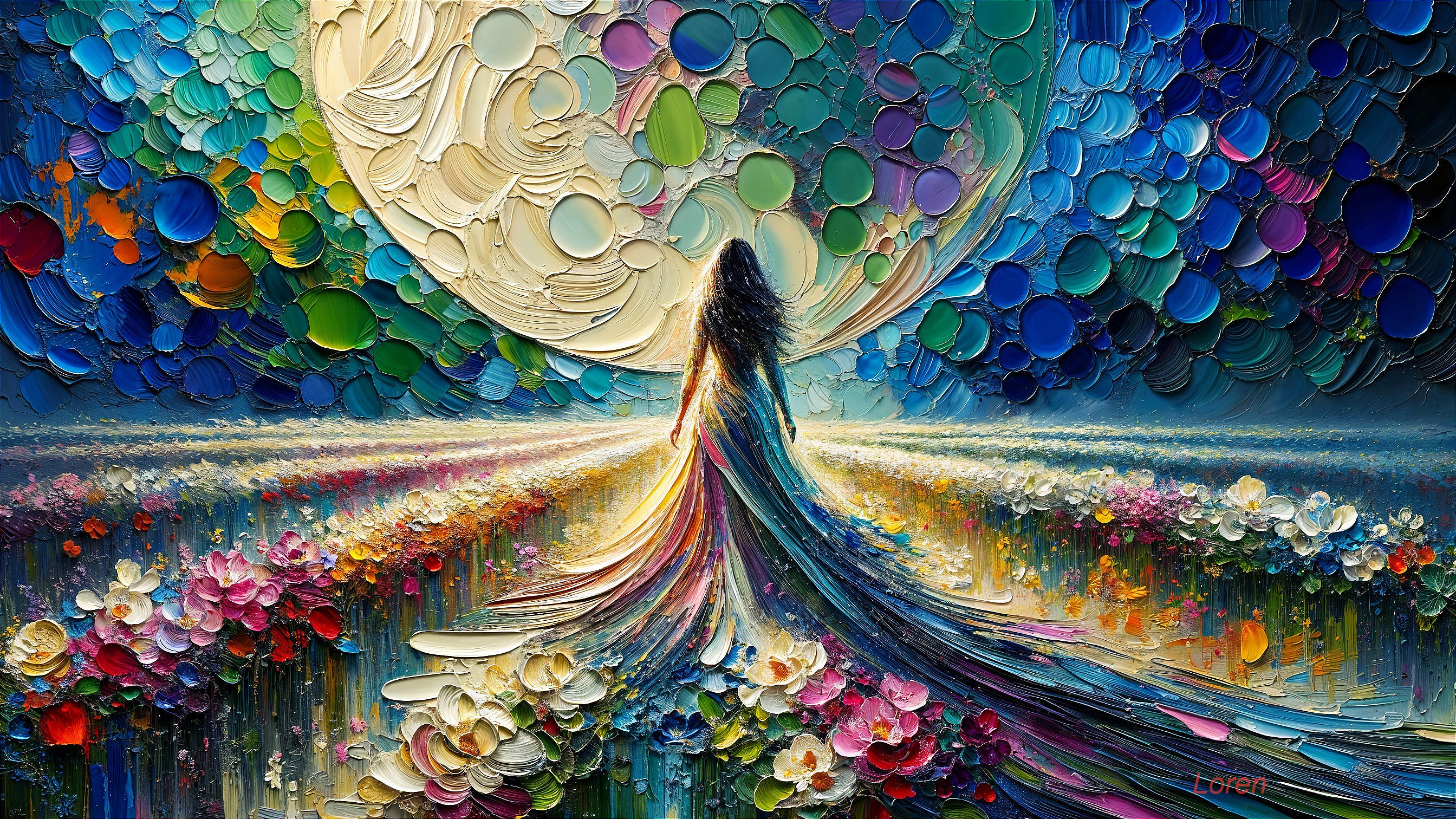 Woman in Colorful Dress Amidst Vibrant Flowers and Moon
